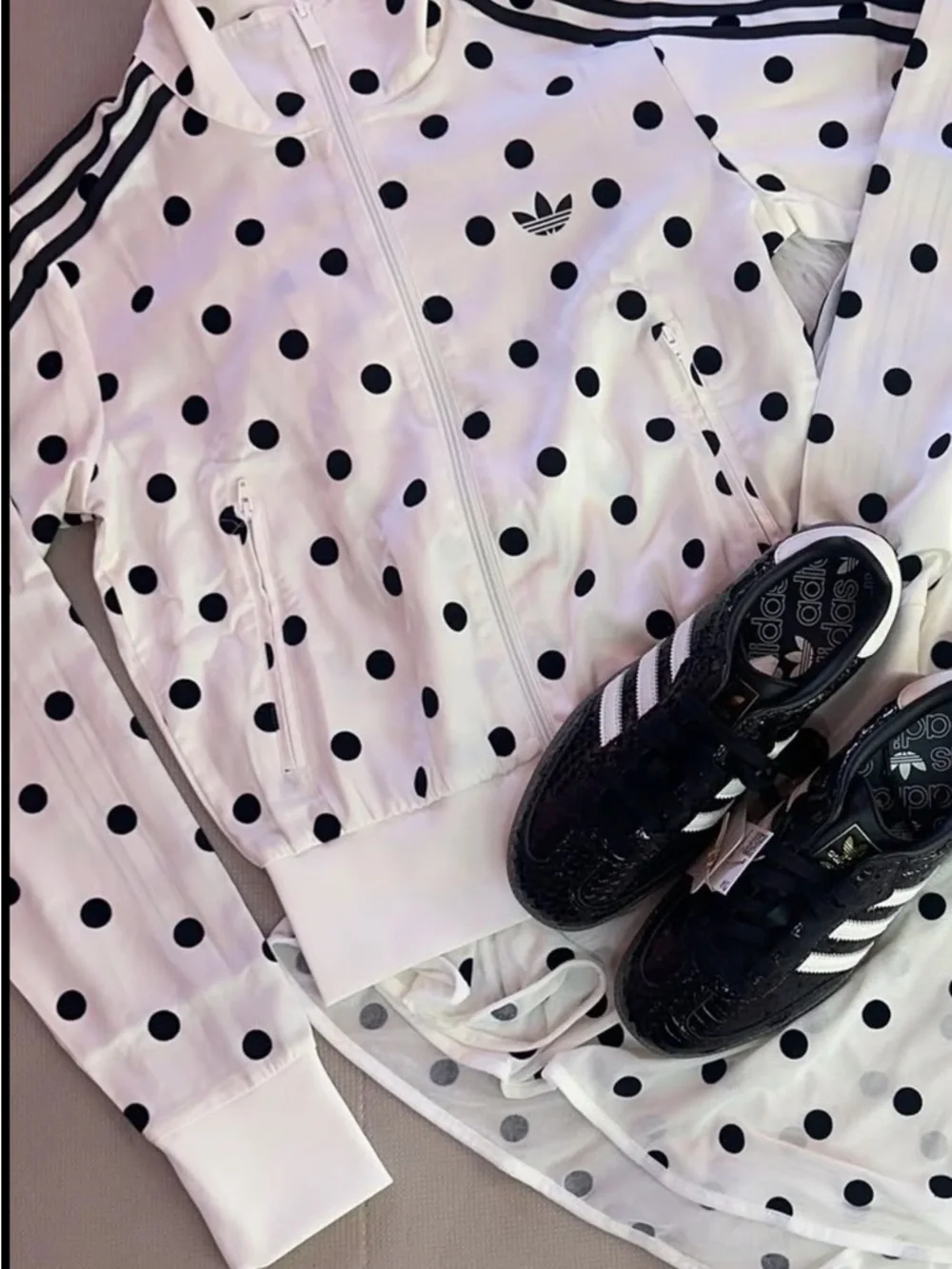 adidas Originals White Polka Dot Track Jacket with Black Stripes - Picture 6 of 12